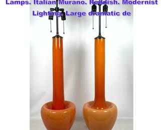 Lot 1131 Pr Long Necked Art Glass Table Lamps. Italian Murano. Reddish. Modernist Lighting. Large dramatic de