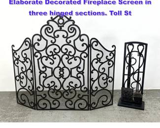 Lot 910 6pc Black Iron Fireplace Set. Elaborate Decorated Fireplace Screen in three hinged sections. Toll St