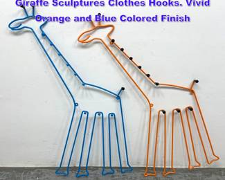 Lot 1054 2pc Wall Mounted IKEA Figural Giraffe Sculptures Clothes Hooks. Vivid Orange and Blue Colored Finish
