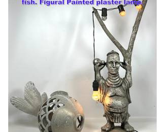 Lot 1085 2pcs Decorative Objects. Aluminum fish. Figural Painted plaster lamp. 