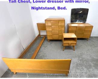 Lot 1049 Heywood Wakefield Bedroom Set. Tall Chest, Lower dresser with mirror, Nightstand, Bed. 