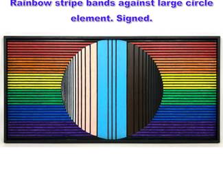 Lot 883 TIM RAY FISHER Modernist Painting. Rainbow stripe bands against large circle element. Signed. 