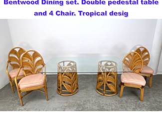 Lot 1024 Mid Century Modern Rattan and Bentwood Dining set. Double pedestal table and 4 Chair. Tropical desig