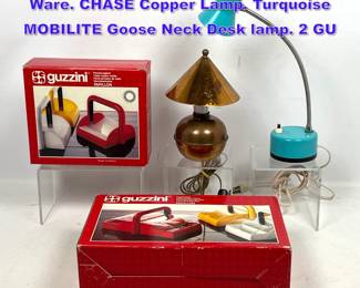 Lot 1186 4pc MCM Small Lamps and Table Ware. CHASE Copper Lamp. Turquoise MOBILITE Goose Neck Desk lamp. 2 GU