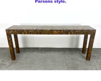 Lot 776 Faux Burl Laminate Console Table. Parsons style.