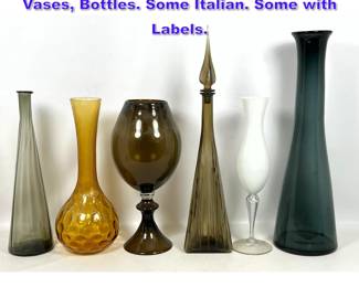 Lot 619 Collection of 6 MCM Colored Glass Vases, Bottles. Some Italian. Some with Labels. 