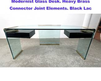 Lot 978 LEON ROSEN for PACE Collection Modernist Glass Desk. Heavy Brass Connector Joint Elements. Black Lac
