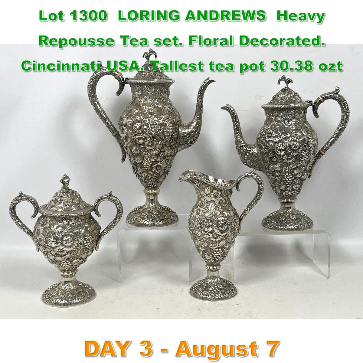 Lot 1300 LORING ANDREWS Heavy Repousse Tea set. Floral Decorated. Cincinnati USA. Tallest tea pot 30.38 ozt