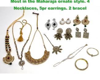 Lot 1334 12pc Vintage Costume Jewelry. Most in the Maharaja ornate style. 4 Necklaces, 5pr earrings. 2 bracel