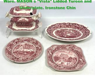 Lot 1540 4pcs Vintage English Red Transfer Ware. MASON s Vista Lidded Tureen and Underplate. Ironstone Chin