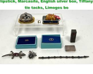 Lot 1327 9pcs Vintage Lot. 800 silver lipstick, Marcasite, English silver box, Tiffany tie tacks, Limoges bo