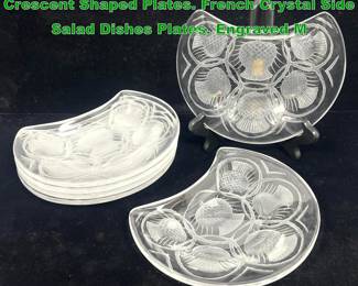 Lot 1440 6 LALIQUE France Design Crescent Shaped Plates. French Crystal Side Salad Dishes Plates. Engraved M