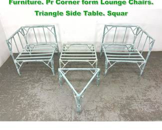 Lot 1649 4pc Aluminum Faux Rattan Outdoor Furniture. Pr Corner form Lounge Chairs. Triangle Side Table. Squar