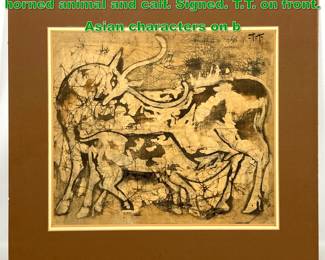 Lot 1470 Asian Signed Fabric Batik. Long horned animal and calf. Signed. T.T. on front. Asian characters on b