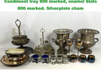 Lot 1646 Lot 800 Silver and Silverplate. Condiment tray 800 marked, enamel Slats 800 marked. Silverplate cham