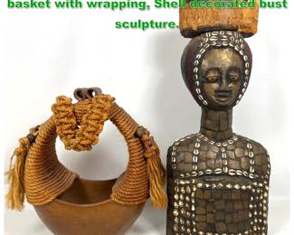 Lot 1566 2pcs African Objects. Terracotta basket with wrapping, Shell decorated bust sculpture. 