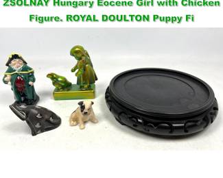 Lot 1438 4pc Continental Pottery Lot. ZSOLNAY Hungary Eocene Girl with Chicken Figure. ROYAL DOULTON Puppy Fi
