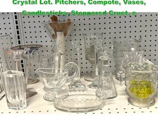 Lot 1725 Vintage Clear Glass and Lead Crystal Lot. Pitchers, Compote, Vases, Candlesticks, Stoppered Cruet, e