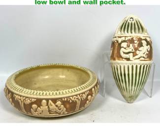 Lot 1382 2pcs Roseville Donatello Pottery. low bowl and wall pocket.