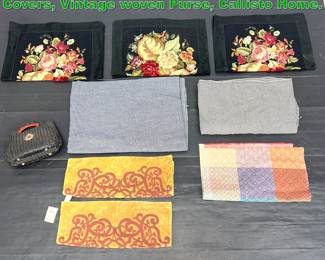 Lot 1616 Vintage Linens. Needlepoint Covers, Vintage woven Purse, Callisto Home. 