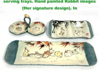 Lot 1488 3pc Tracie Griffith Tso ceramic serving trays. Hand painted Rabbit images Her signature design. In