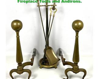 Lot 1546 Traditional Form Brass and Iron Fireplace Tools and Andirons. 