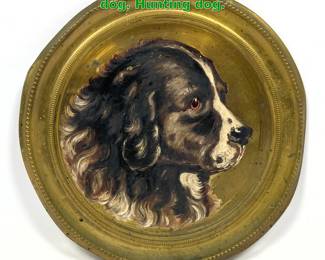 Lot 1391 Folk art painted metal tray with dog. Hunting dog.