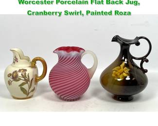 Lot 1362 3 pcs Antique Small Pitchers. Royal Worcester Porcelain Flat Back Jug, Cranberry Swirl, Painted Roza