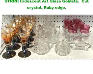 Lot 1724 Vintage Glass Shelf Lot. RICK STRINI Iridescent Art Glass Goblets. Cut crystal, Ruby edge.