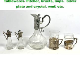 Lot 1374 5pc Vintage Art Nouveau Tablewares. Pitcher, Cruets, Cups. Silver plate and crystal. wmf. etc. 
