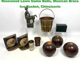 Lot 1720 Vintage 10pc lot English Victorian Rosewood Lawn Game Balls, Mexican Brass Ice Bucket, Chinoiserie 