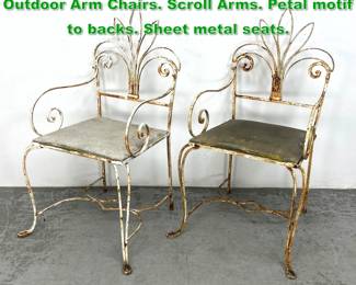 Lot 1668 2pc Decorative Iron Garden Outdoor Arm Chairs. Scroll Arms. Petal motif to backs. Sheet metal seats.