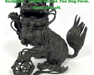 Lot 1404 Vintage Asian Bronze Incense Sculptyre. Lidded Vessel. Foo Dog Form. Head lifts off. 