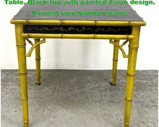 Lot 1583 Asian style Faux Bamboo Square Table. Black top with painted Asian design. Painted faux bamboo frame