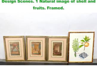 Lot 1408 4pc Prints. 3 Antique Interior Design Scenes. 1 Natural image of shell and fruits. Framed. 