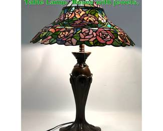 Lot 1511 Decorative Stained Leaded Glass Table Lamp. Roses with jewels. 