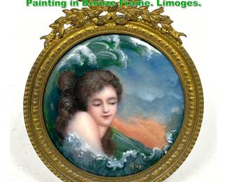Lot 1388 French Signed Enamel Portrait Painting in Bronze Frame. Limoges.