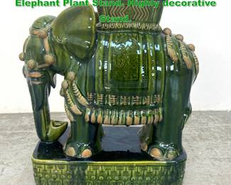 Lot 1577 Green Majolica Glazed Ceramic Elephant Plant Stand. Highly decorative Stand. 