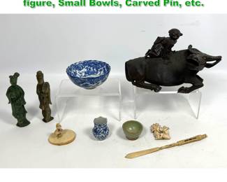 Lot 1353 9pc Asian Collectables. Carved figure, Small Bowls, Carved Pin, etc.