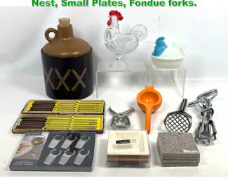 Lot 1732 Mixed Lot, Jug Cookie Jar, Hen on Nest, Small Plates, Fondue forks. 