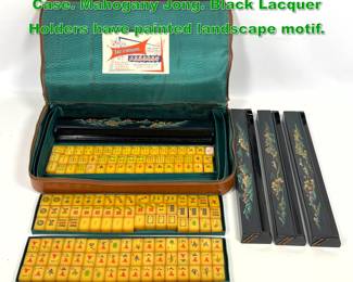 Lot 1542 TAI CHOUNG Ma Jong Game in Case. Mahogany Jong. Black Lacquer Holders have painted landscape motif. 