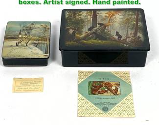 Lot 1389 2pcs Russian Lacquer Lidded boxes. Artist signed. Hand painted.