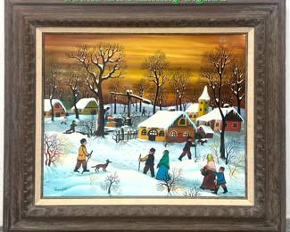 Lot 1410 Kowalski Winter Folk Art Village Scene Oil Painting Signed