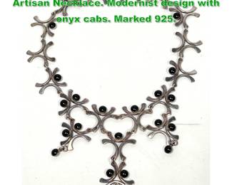 Lot 1328 Sterling Silver Black Onyx Vintage Artisan Necklace. Modernist design with onyx cabs. Marked 925. 