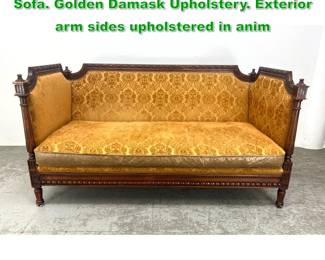 Lot 1553 Carved Mahogany Frame Antique Sofa. Golden Damask Upholstery. Exterior arm sides upholstered in anim