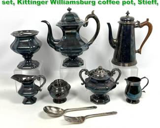 Lot 1493 9pcs Silverplate. James Dixon Tea set, Kittinger Williamsburg coffee pot, Stieff, 