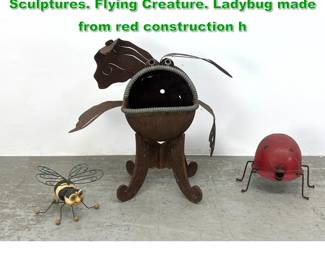 Lot 1664 Lot 3 Metal Outdoor Figural Garden Sculptures. Flying Creature. Ladybug made from red construction h