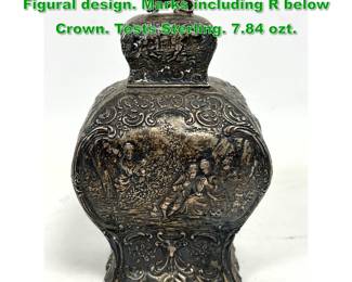 Lot 1322 Repousse Lidded Jar Vessel. Figural design. Marks including R below Crown. Tests Sterling. 7.84 ozt.