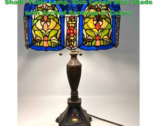 Lot 1510 Elegant Leaded Stained Glass Shade Table Lamp. Rich Cobalt Blue Shade with Arched Sections of Colore
