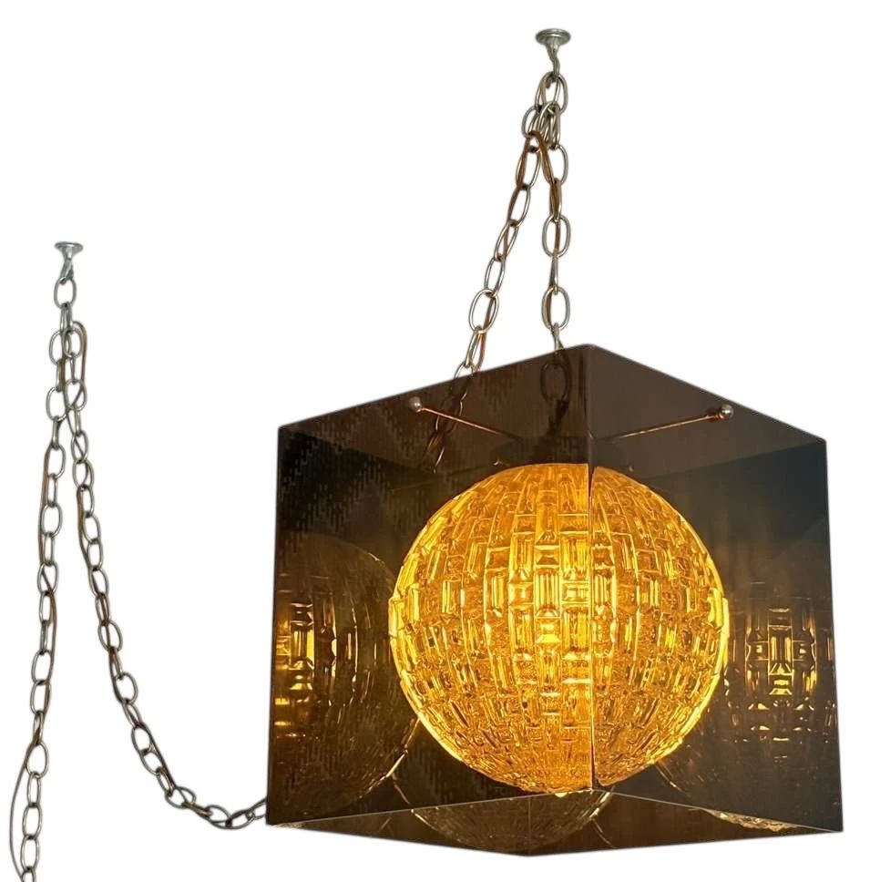  001 MCM Smoked Lucite Cube Swag Lamp